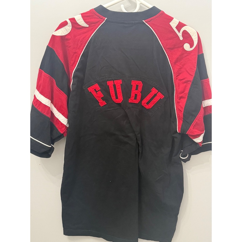 Vintage 90s FUBU "05" Football Jersey Black Red Spellout Large Y2K Hip Hop